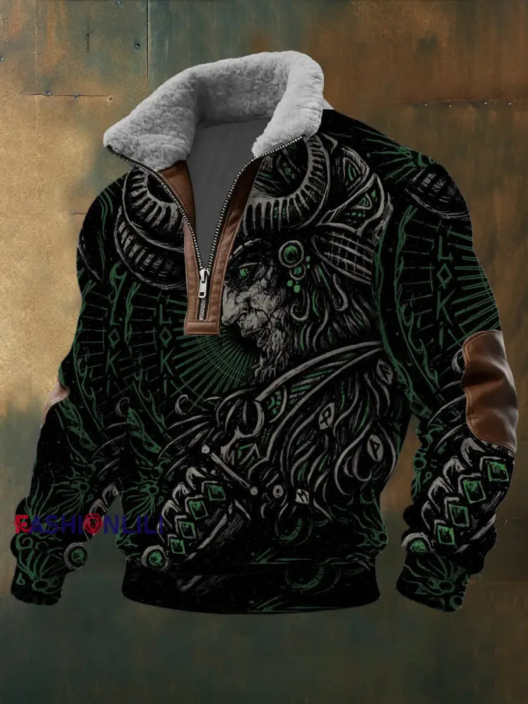 Men’s Green Norse Odin Print Sherpa - Lined Zip Sweatshirt Multicolour / S