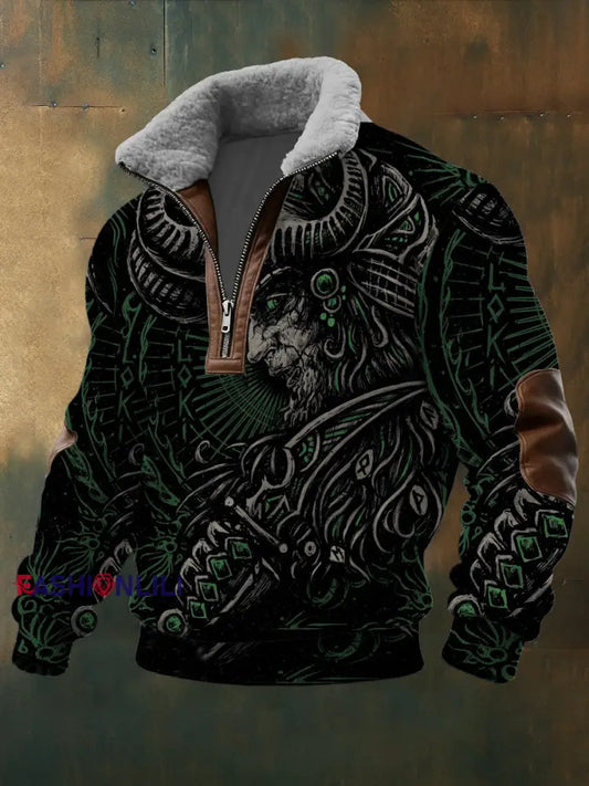 Men’s Green Norse Odin Print Sherpa - Lined Zip Sweatshirt Multicolour / S