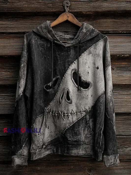 Men’s Halloween Ghost Face Print Casual Hoodie Dark Grey / S