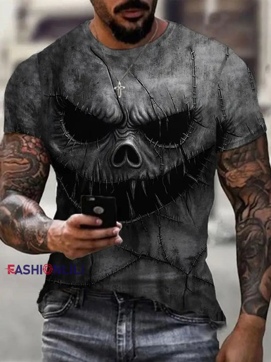 Men’s Halloween Horror Scary Face Stitch Print Tee Dark Grey / S