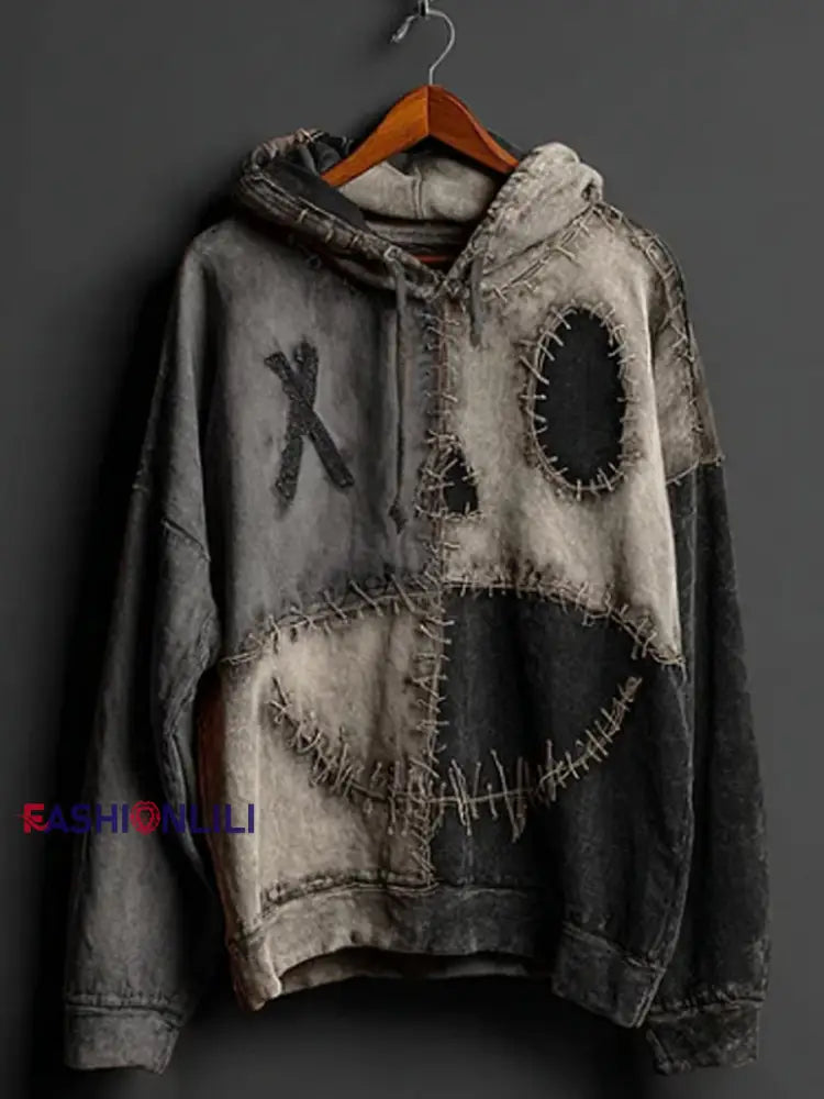 Men’s Halloween Pumpkin Face Colorblock Patchwork Hoodie Gray / S