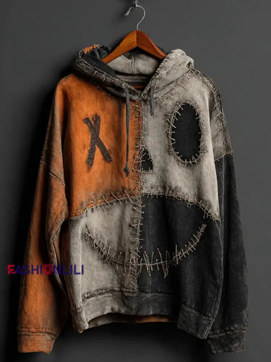 Men’s Halloween Pumpkin Face Colorblock Patchwork Hoodie Pumpkin Orange / S