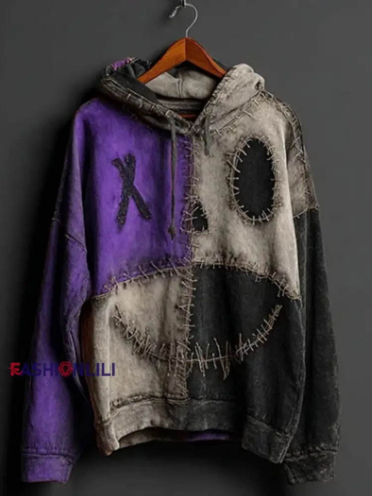 Men’s Halloween Pumpkin Face Colorblock Patchwork Hoodie Purple / S