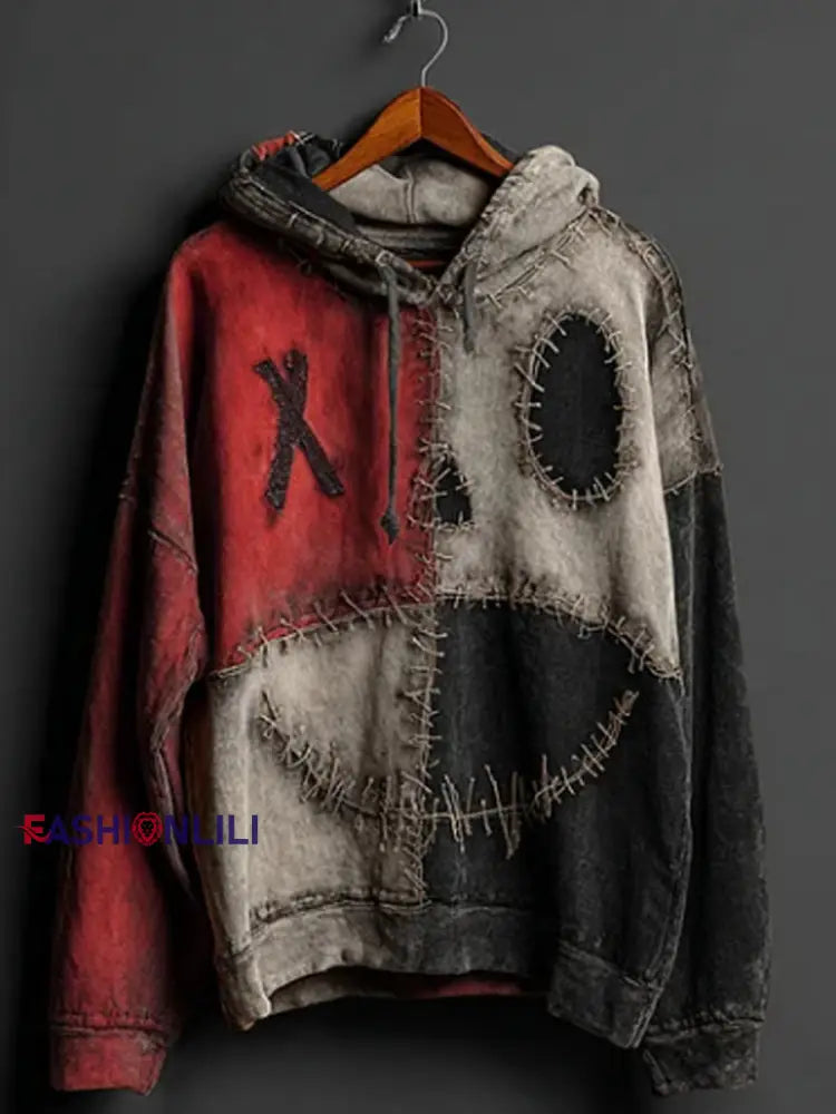 Men’s Halloween Pumpkin Face Colorblock Patchwork Hoodie Red / S