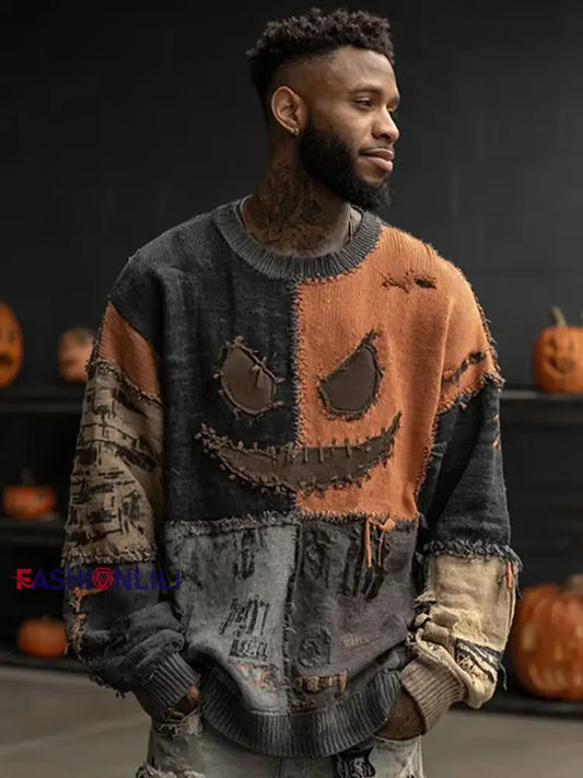 Men’s Halloween Spooky Face Stitched Print Sweater Pumpkin Orange / S