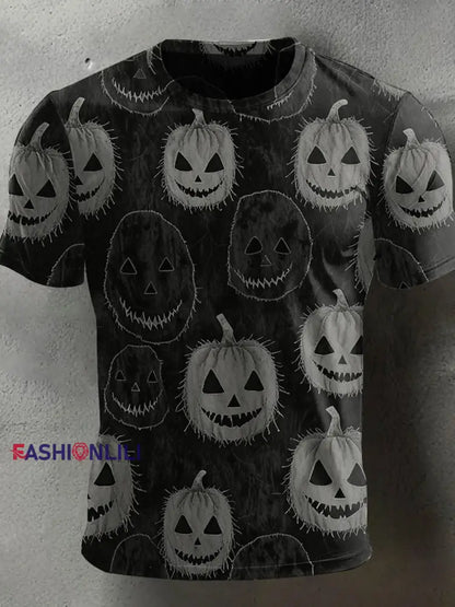 Men’s Halloween Spooky Jack-O-Lantern Face Print Casual Tee