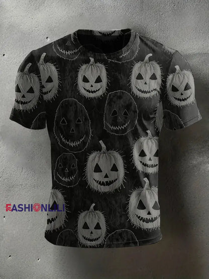 Men’s Halloween Spooky Jack-O-Lantern Face Print Casual Tee Dark Grey / S