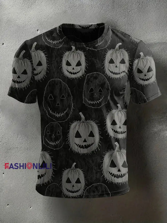 Men’s Halloween Spooky Jack-O-Lantern Face Print Casual Tee Dark Grey / S