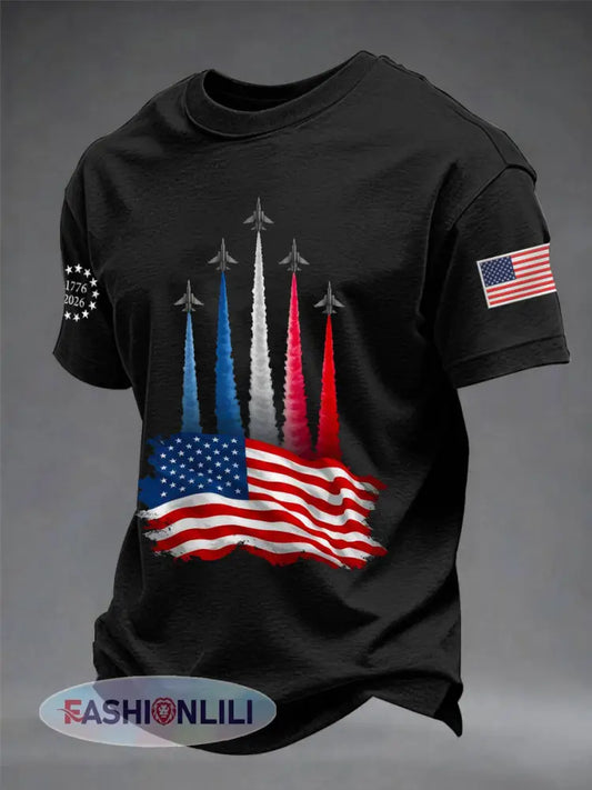 Men’s Independence Day American Flag Jet Planes Print Casual Tee - Black / S
