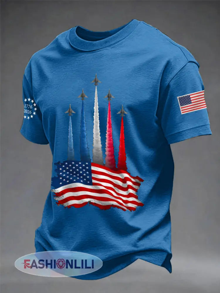 Men’s Independence Day American Flag Jet Planes Print Casual Tee - Blue / S