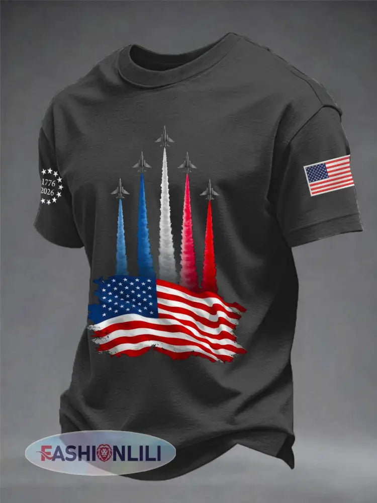Men’s Independence Day American Flag Jet Planes Print Casual Tee - Dark Gray / S