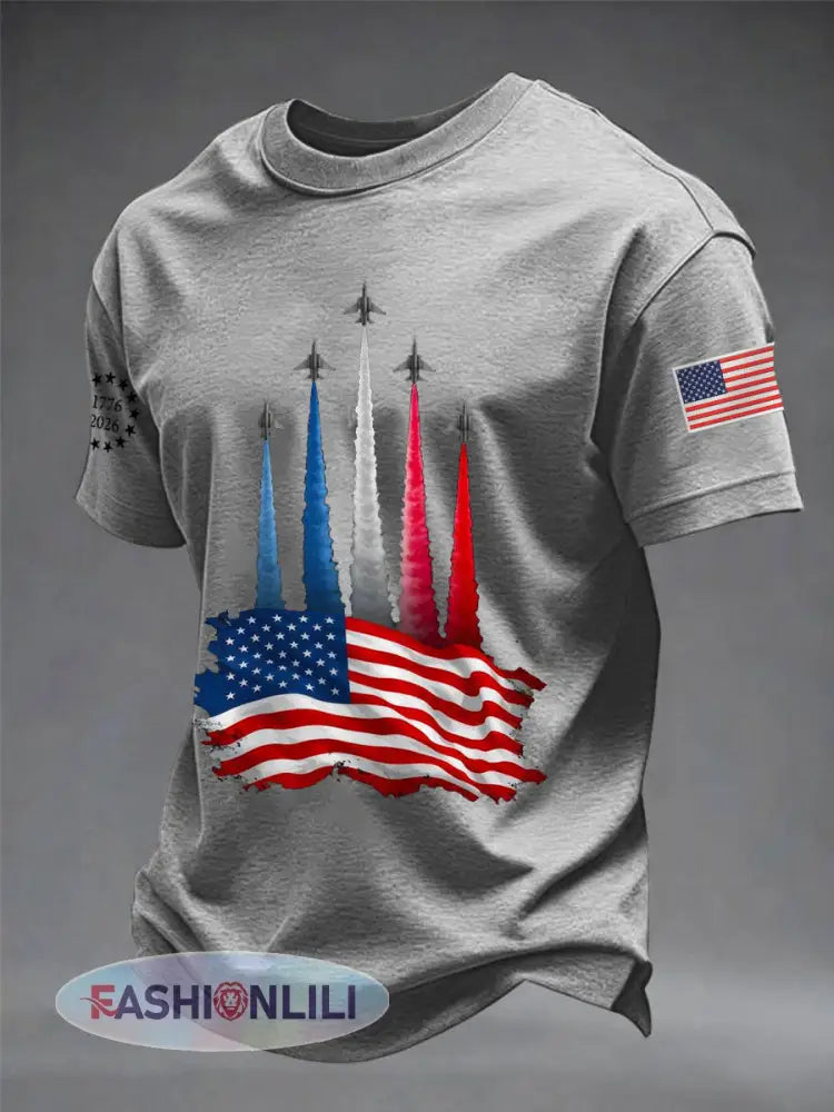 Men’s Independence Day American Flag Jet Planes Print Casual Tee - Light Gray / S