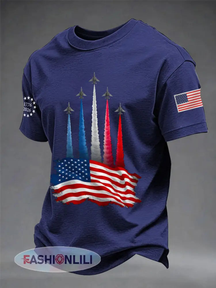 Men’s Independence Day American Flag Jet Planes Print Casual Tee - Navy Blue / S