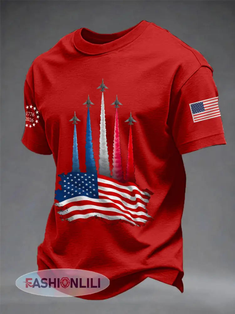 Men’s Independence Day American Flag Jet Planes Print Casual Tee - Pure Red / S