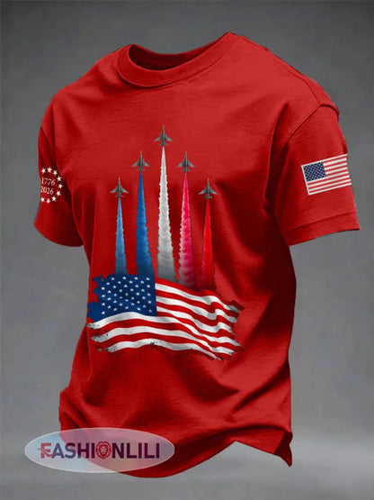 Men’s Independence Day American Flag Jet Planes Print Casual Tee - Pure Red / S