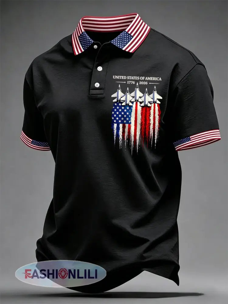 Men’s Independence Day USA Flag 1776-2026 Print Casual Patriotic Polo - Black / S
