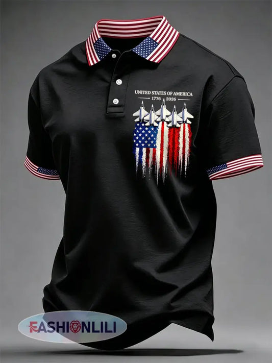 Men’s Independence Day USA Flag 1776-2026 Print Casual Patriotic Polo - Black / S
