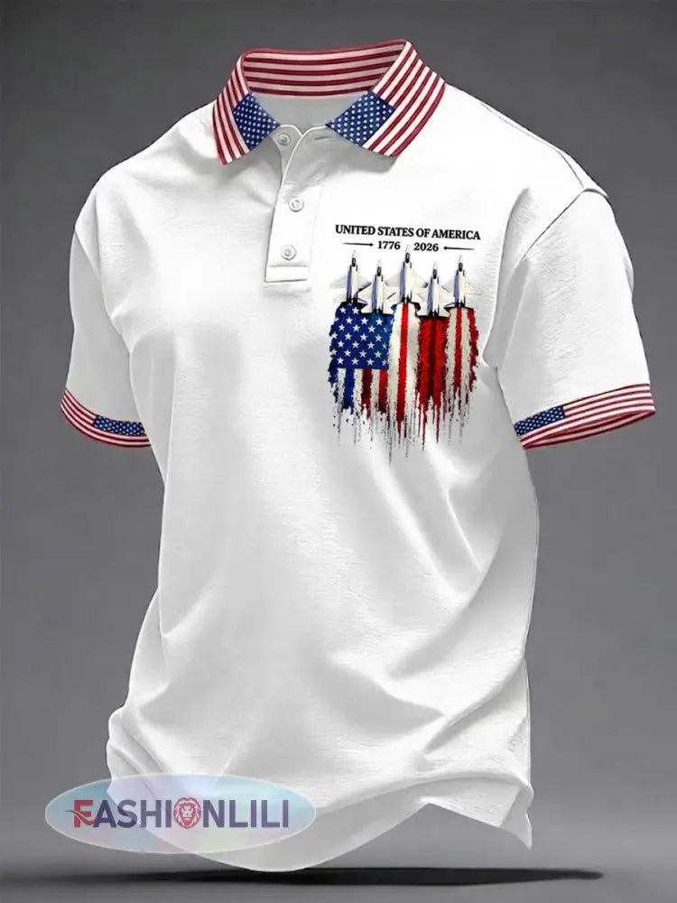 Men’s Independence Day USA Flag 1776-2026 Print Casual Patriotic Polo - White / S