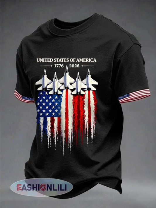 Men’s Independence Day USA Flag Jet Print Casual Tee - Black / S