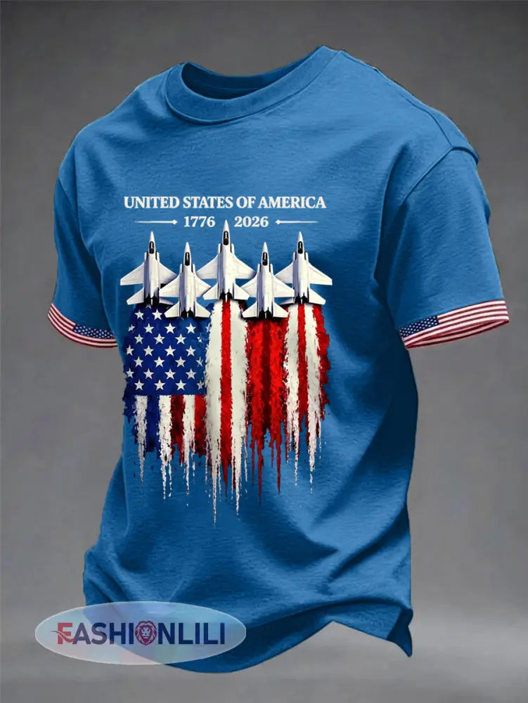 Men’s Independence Day USA Flag Jet Print Casual Tee - Blue / S