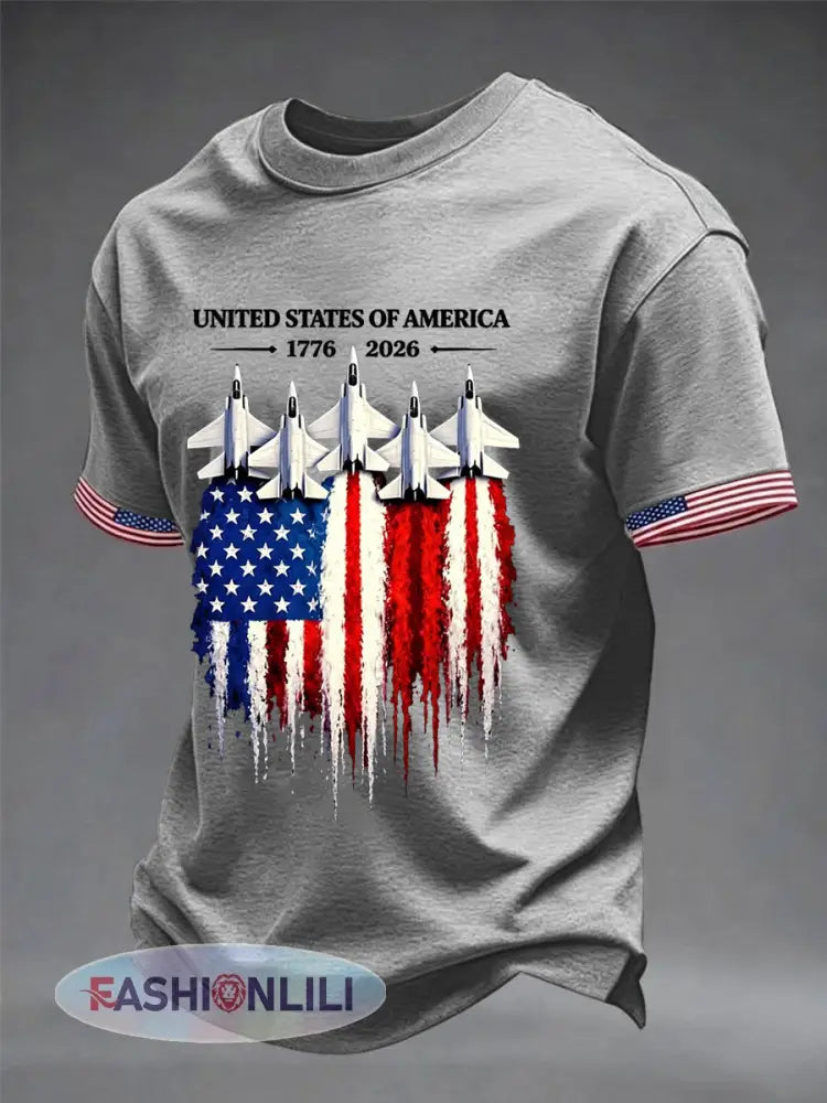 Men’s Independence Day USA Flag Jet Print Casual Tee - Light Gray / S