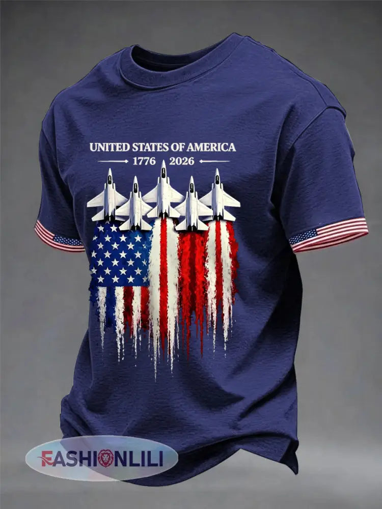 Men’s Independence Day USA Flag Jet Print Casual Tee - Navy Blue / S