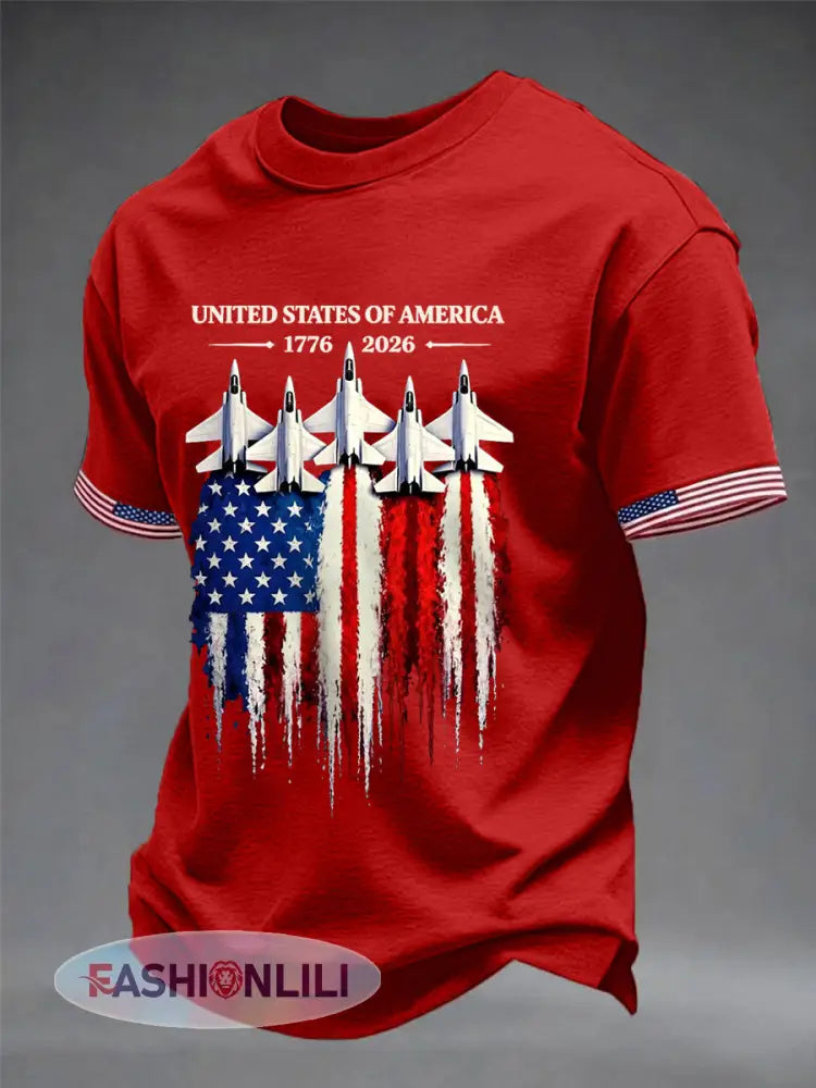 Men’s Independence Day USA Flag Jet Print Casual Tee - Red / S