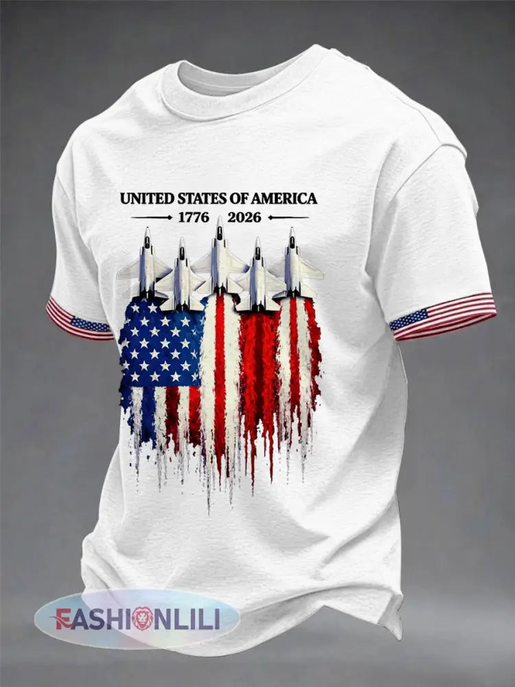 Men’s Independence Day USA Flag Jet Print Casual Tee - White / S