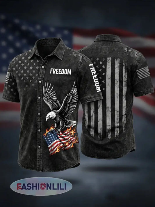Men’s Independence Day USA Flag Print Print Casual Patriotic Short Sleeve Shirt - Dark Grey / S