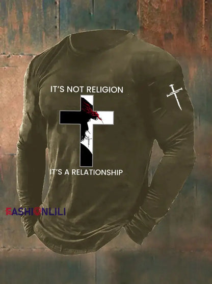 Men’s It’s Not Religion It’s A Relationship Cross Print Casual T-shirt Army Green / S