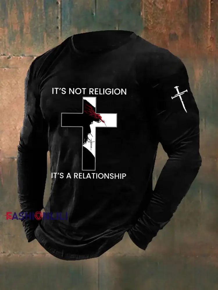 Men’s It’s Not Religion It’s A Relationship Cross Print Casual T-shirt Black / S