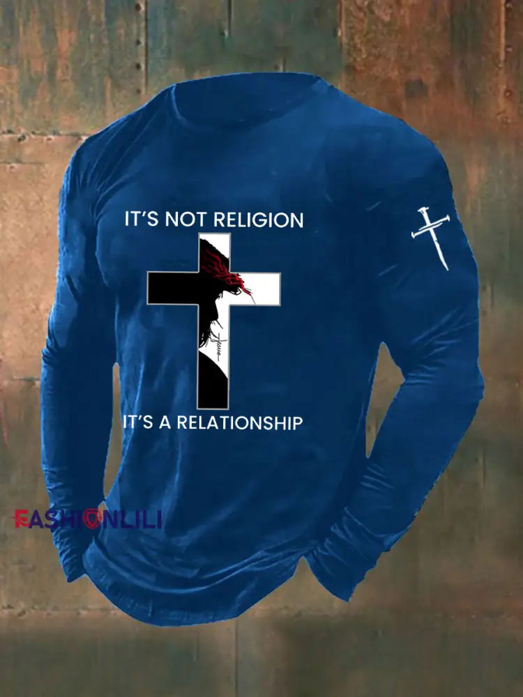Men’s It’s Not Religion It’s A Relationship Cross Print Casual T-shirt Blue / S