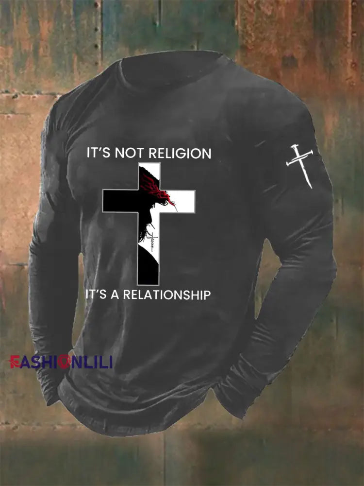 Men’s It’s Not Religion It’s A Relationship Cross Print Casual T-shirt Dark Gray / S