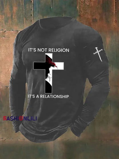 Men’s It’s Not Religion It’s A Relationship Cross Print Casual T-shirt Dark Gray / S