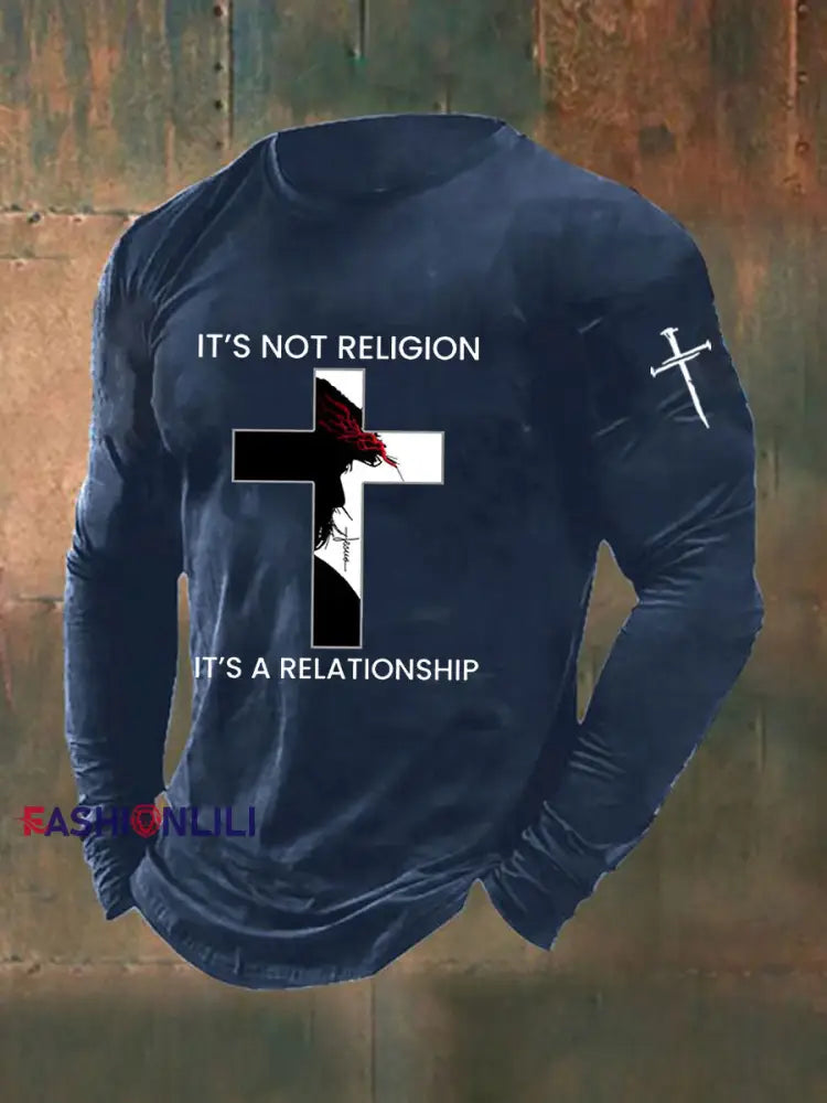 Men’s It’s Not Religion It’s A Relationship Cross Print Casual T-shirt Navy Blue / S