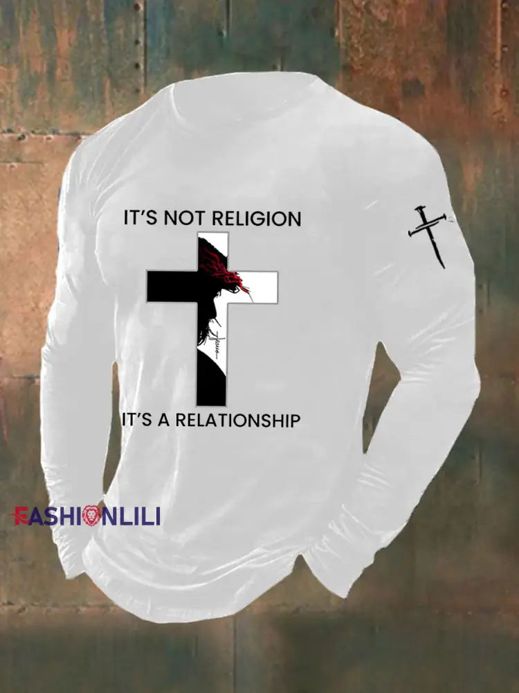 Men’s It’s Not Religion It’s A Relationship Cross Print Casual T-shirt White / S