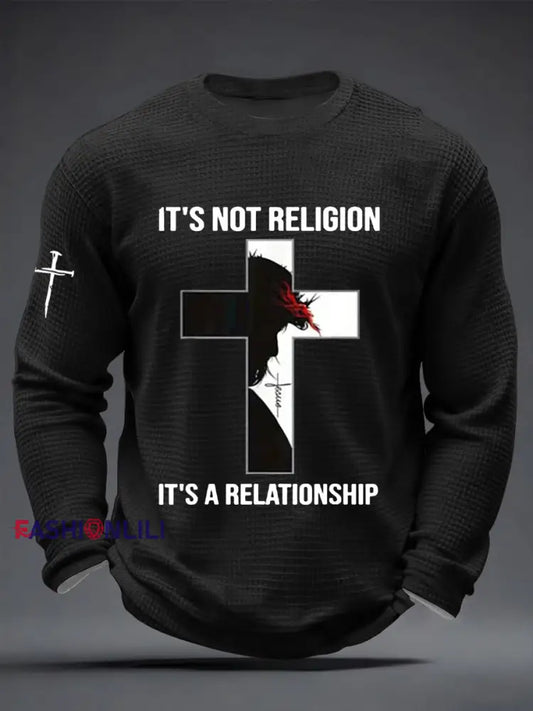 Men’s It’s Not Religion It’s A Relationship Jesus Cross Waffle Long Sleeve T-Shirt Black / S