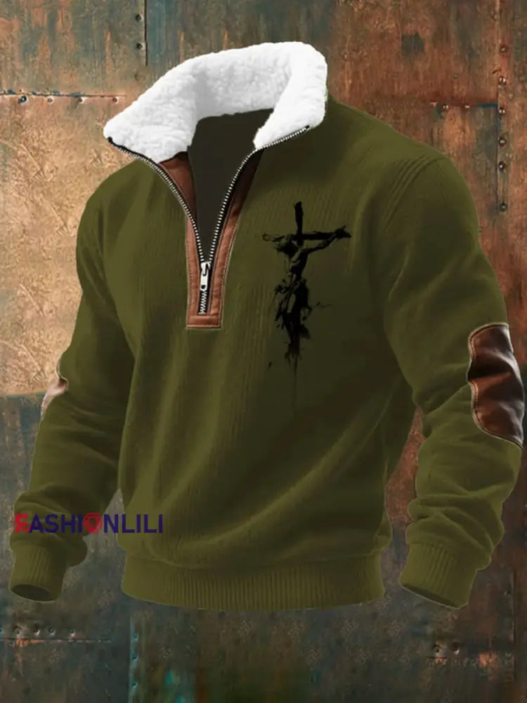 Men’s Jesus Cross Faith Print Sweatshirts Army Green / S