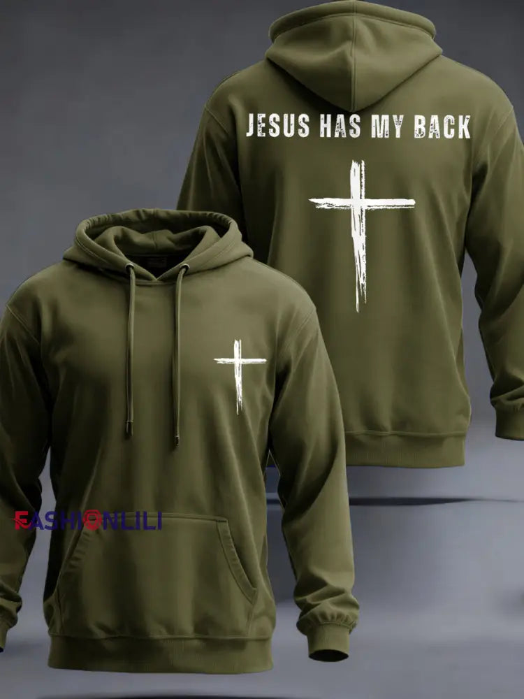 Men’s Jesus Has My Back Cross Faith Casual Hoodie Army Green / S