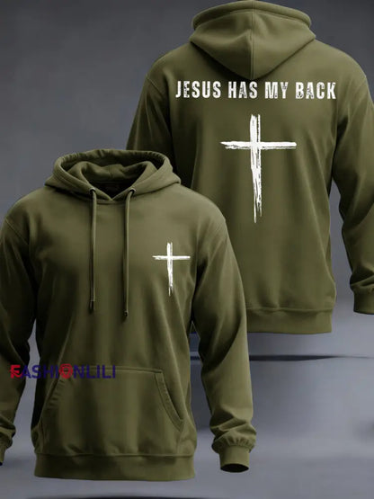 Men’s Jesus Has My Back Cross Faith Casual Hoodie Army Green / S