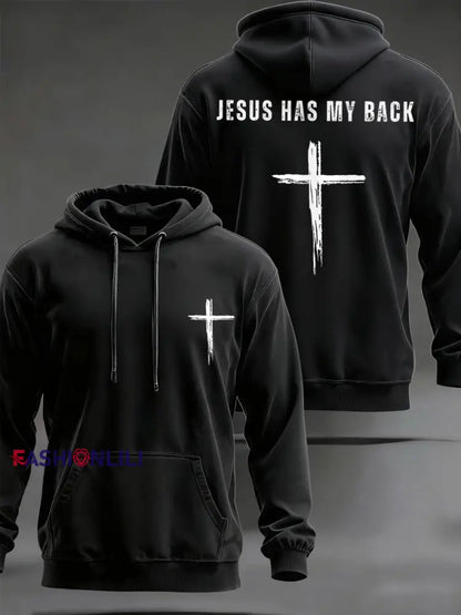 Men’s Jesus Has My Back Cross Faith Casual Hoodie Black / S