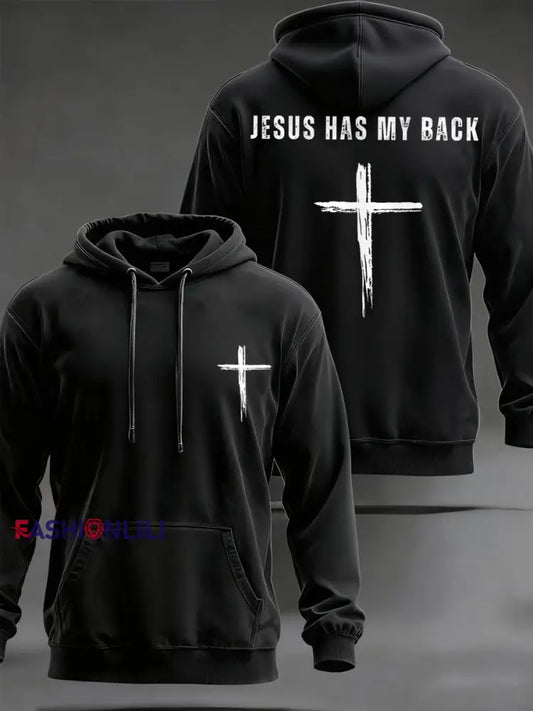 Men’s Jesus Has My Back Cross Faith Casual Hoodie Black / S