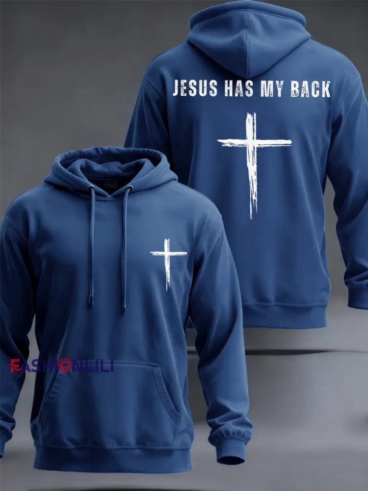 Men’s Jesus Has My Back Cross Faith Casual Hoodie Blue / S