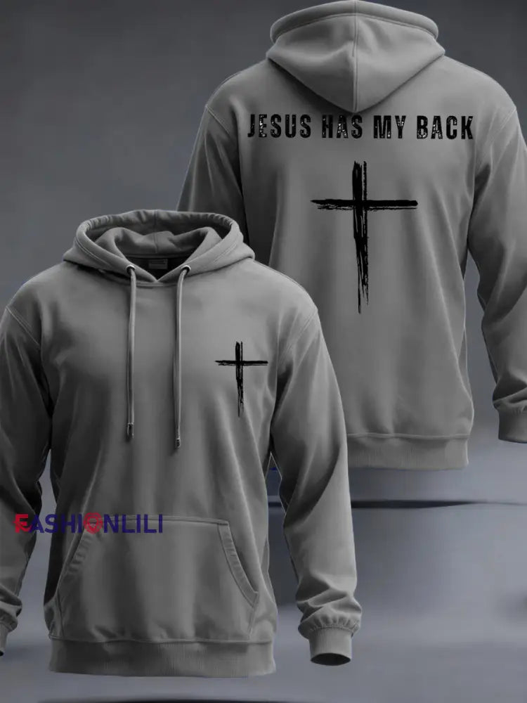 Men’s Jesus Has My Back Cross Faith Casual Hoodie Gray / S