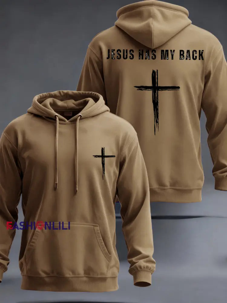 Men’s Jesus Has My Back Cross Faith Casual Hoodie Khaki / S