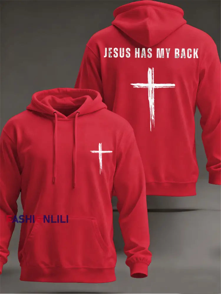 Men’s Jesus Has My Back Cross Faith Casual Hoodie Red / S