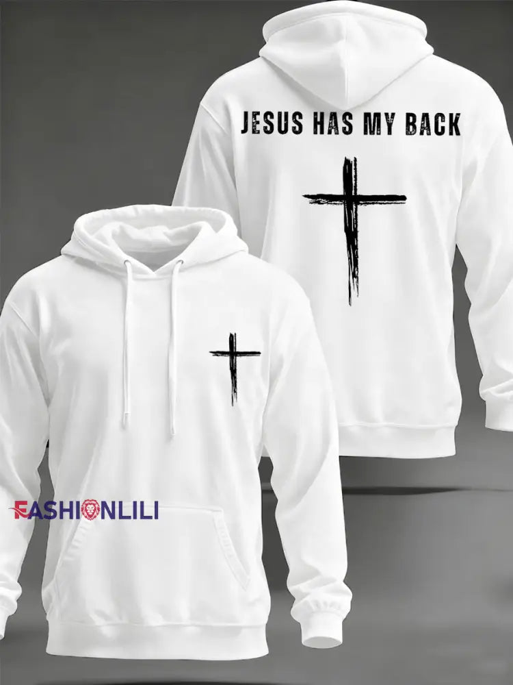 Men’s Jesus Has My Back Cross Faith Casual Hoodie White / S
