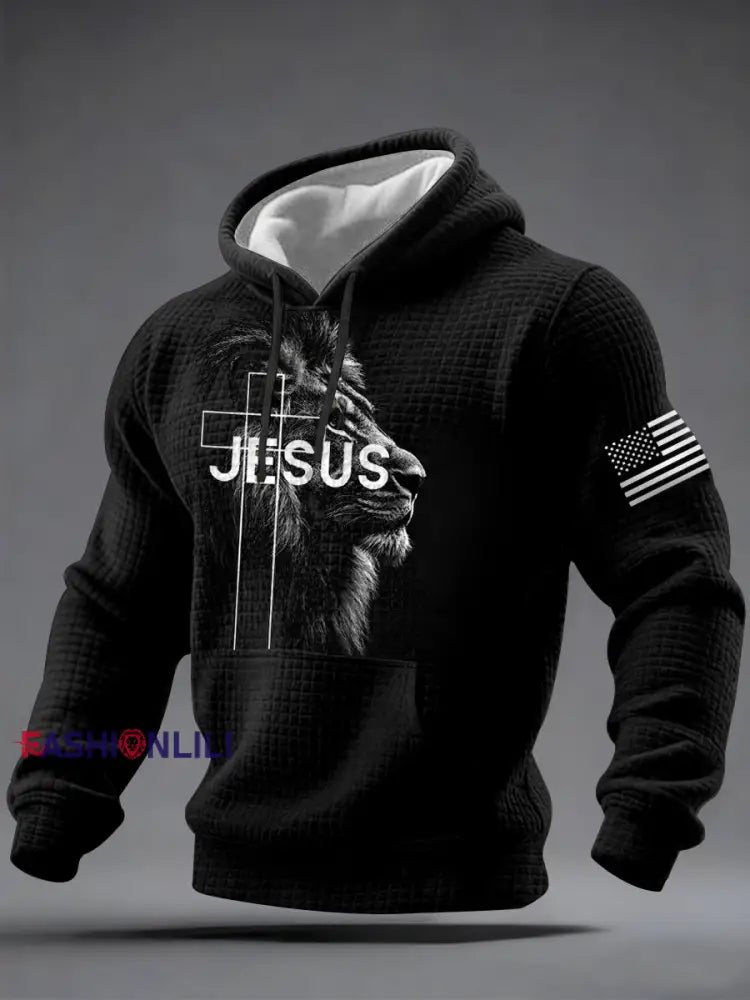 Men’s Jesus Lion Print Casual Checkered Hoodie Black / S