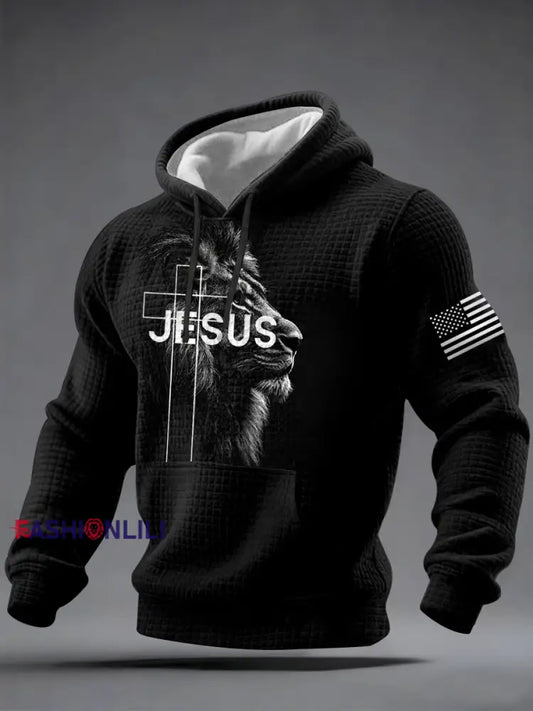 Men’s Jesus Lion Print Casual Checkered Hoodie Black / S