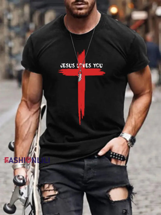 Men’s Jesus Loves You Cross Print Casual Tee Black / S